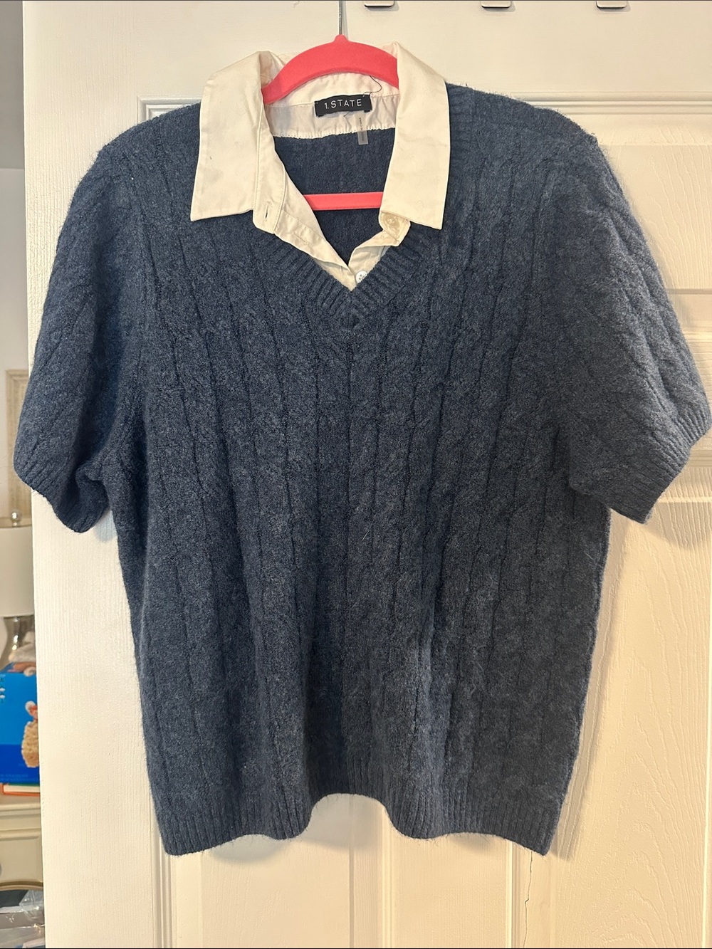 1. State women’s Short-Sleeve Cable V-Neck Sweater - Navy Blue
